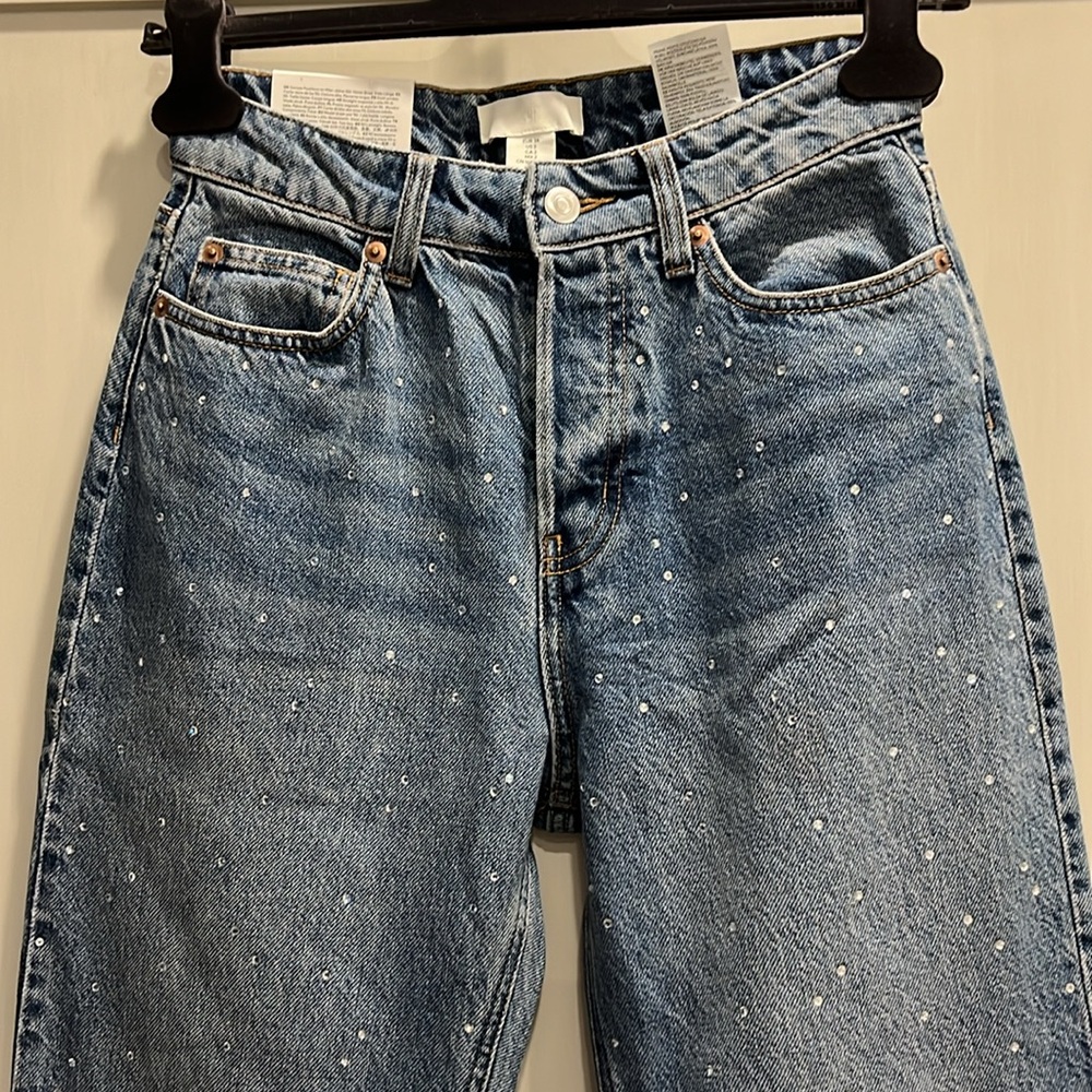 NWT 90’s Straight High Waist rhinestone embellished H&M cotton button fly jeans - Picture 3 of 7